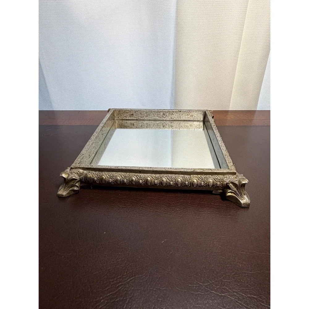 Vintage Ornate Mirrored Vanity Tray Champagne Gold Footed Perfume Jewelry Decor